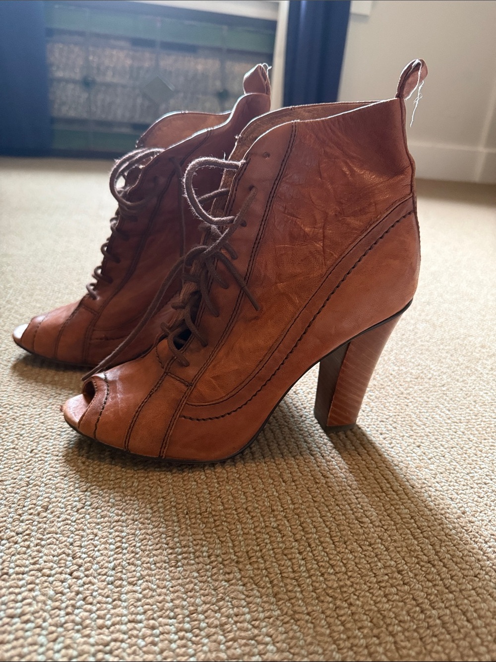 Sam Edelman Brown Leather Lace-Up Peep-Toe Ankle Boots
